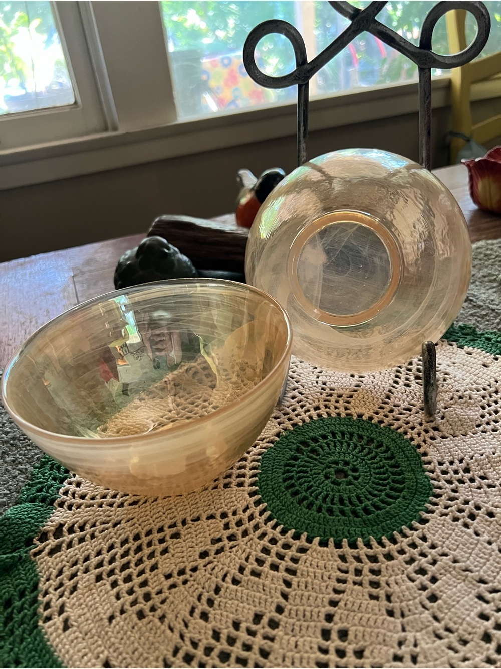 Iridescent French Glass Serving Bowls - Set of 2 - Pale Peach Sheen
